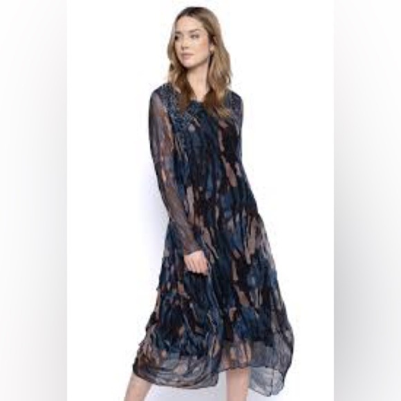 Picadilly Canada,Lace Yoke Long Dress - Blue/Taupe, Excellent Condition, Size S - Picture 1 of 11